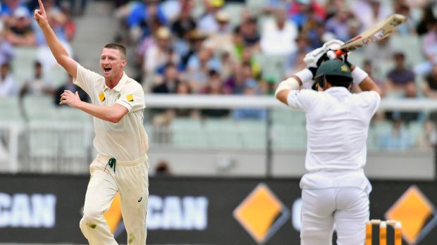 Caught at short leg Jackson Bird celebrates the wicket of Misbah-ul-Haq