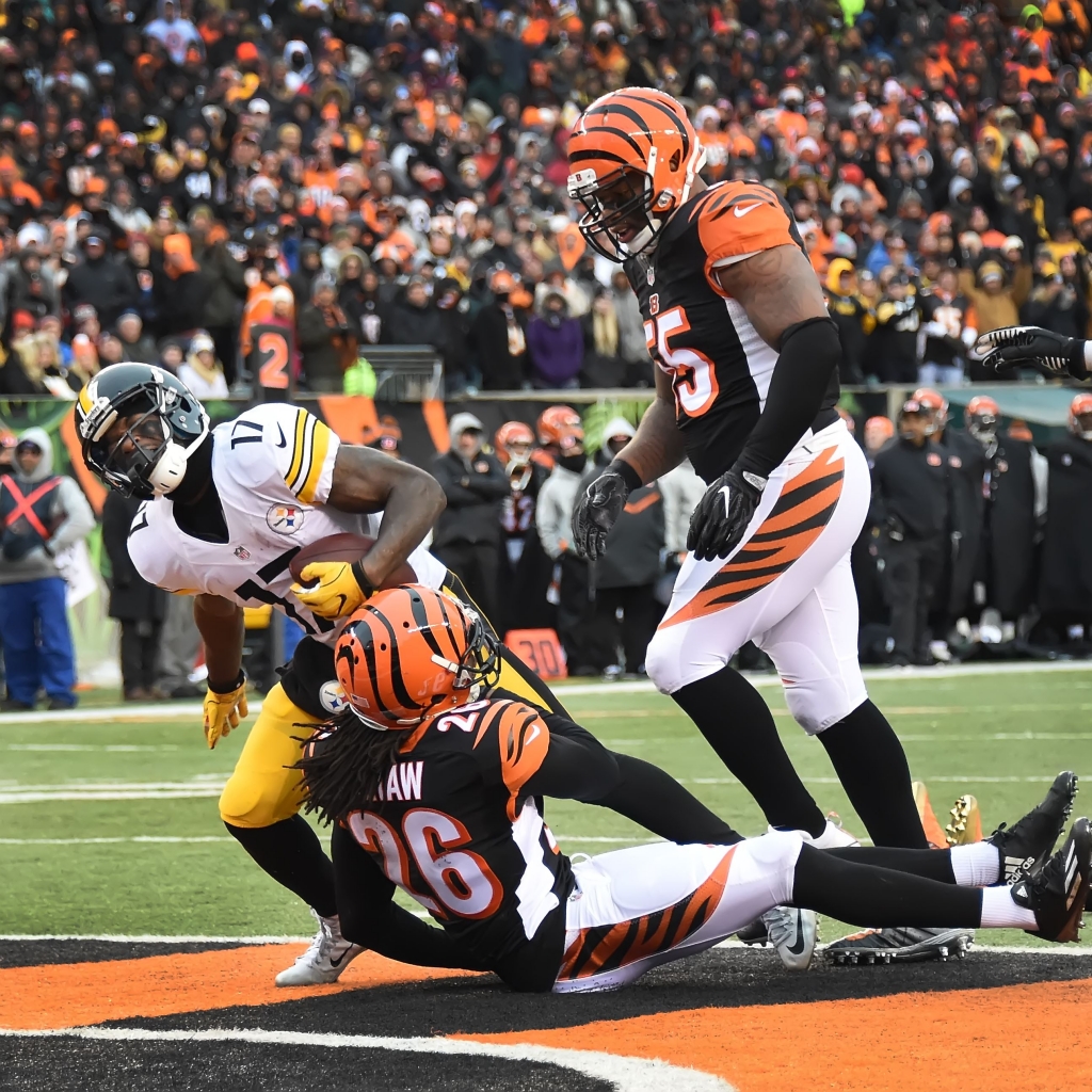 20161218pdSteelersSports09-2 Receiver Eli Rogers scores on pass from quarterback Ben Roethlisberger in the fourth quarter against the Bengals Sunday in Cincinnati. Rogers’ score was the only touchdown of the game for the Steelers