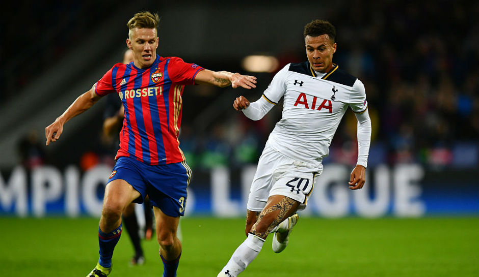 Dele Alli of Tottenham Hotspur holds of Pontus Wernbloom of CSKA Moscow during the UEFA Champions League Group E match between PFC CSKA Moskva and Tottenham Hotspur