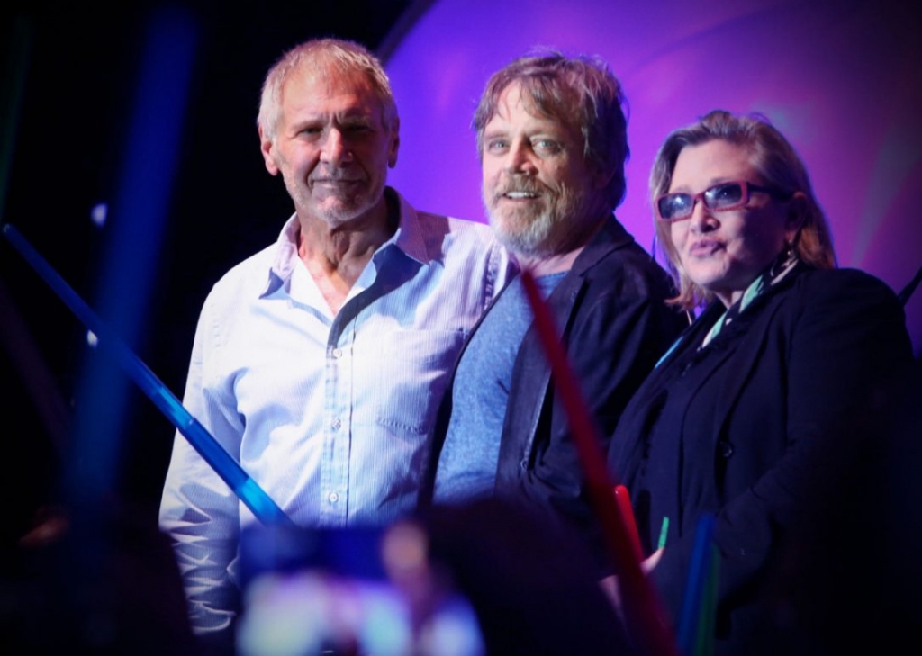 Actors Harrison Ford Mark Hamill Carrie Fisher at a surprise'Star Wars Fan Concert in 2015