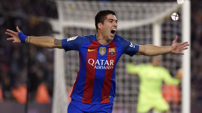 Suarez Celebrating after scoring against Barcelona