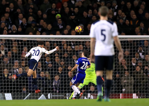 Dele Alli scores the first of his two headers against Chelsea at White Hart Lane