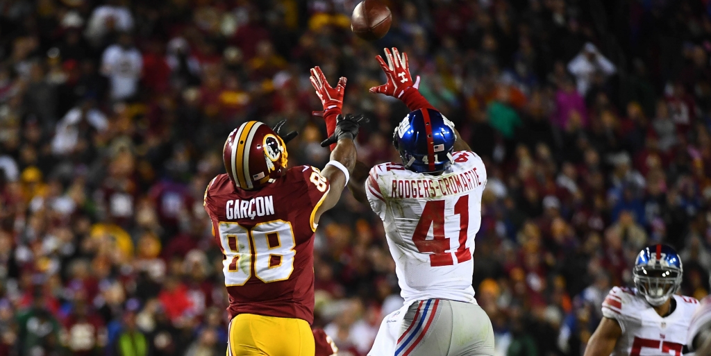 Jan 1 2017 Landover MD USA New York Giants cornerback Dominique Rodgers Cromartie intercepts a pass intended for Washington Redskins wide receiver Pierre Garcon during the second half at Fed Ex Field. Mandatory Credit Brad Mills-USA TODAY S