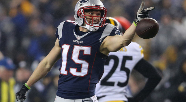 FOXBORO MA- JANUARY 22 Chris Hogan #15 of the New England Patriots reacts after making a reception during the first half against the Pittsburgh Steelers in the AFC Championship Game at Gillette Stadium