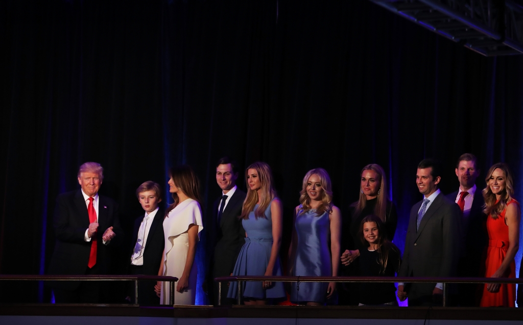 Republican president-elect Donald Trump acknowledges the crowd along with his son Barron Trump wife Melania Trump Jared Kushner Ivanka Trump Tiffany Trump Vanessa Trump Donald Trump Jr. Eric Trump and Lara Yunaska during his election night