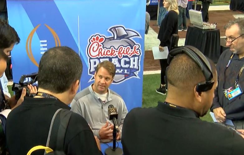 Kiffin speaking to media during the Chick-fil-A Peach Bowl