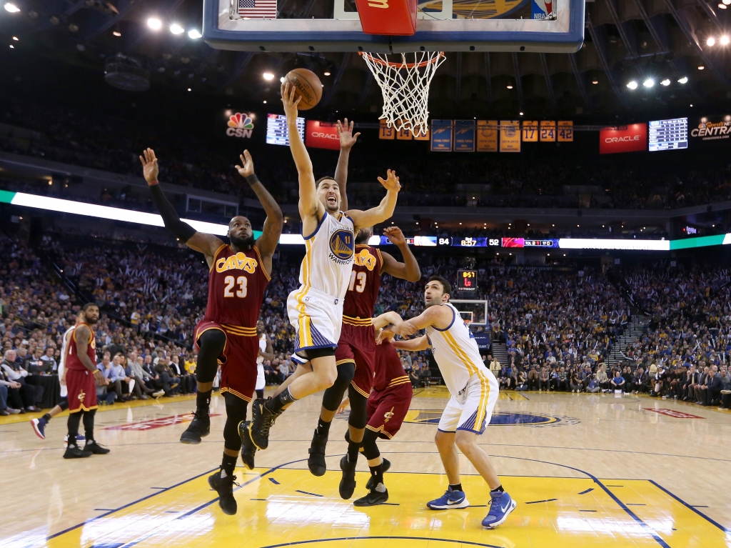 Klay Thompson putting up a shot against Le Bron James in a regular season game this week.			Ezra Shaw  Getty Images