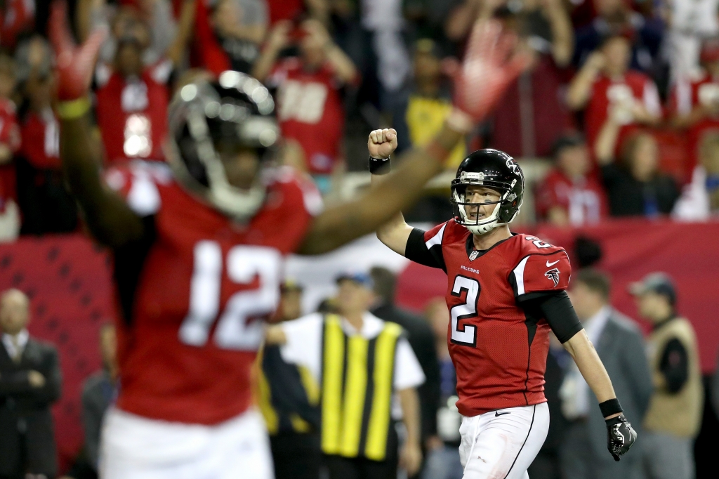 Mohamed Sanu and Matt Ryan celebrate a touchdown