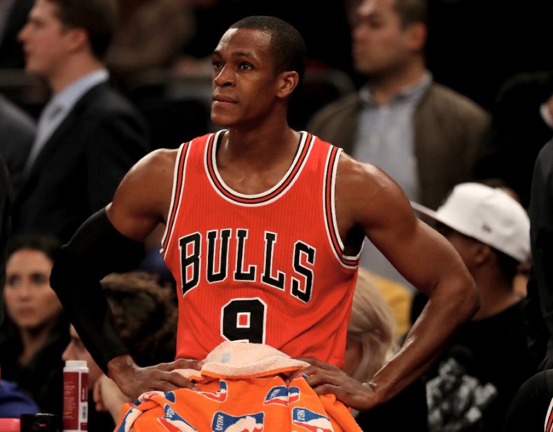 Rajon Rondo of the Chicago Bulls looks on during a time out in the fourth quarter against the New York Knicks at Madison Square Garden