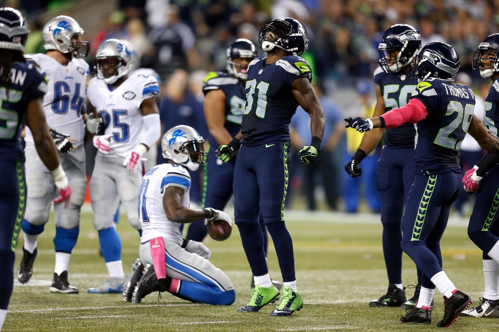 SEATTLE WA- OCTOBER 05 Kam Chancellor #31 of the Seattle Seahawks reacts during the game against the Detroit Lions at Century Link Field