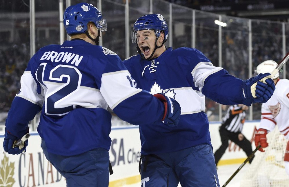 Maple Leafs right wing Connor Brown left,celebrates his goal with teammate Zach Hyman in Toronto's 5-4 win in overtime over Detroit Sunday in Toronto