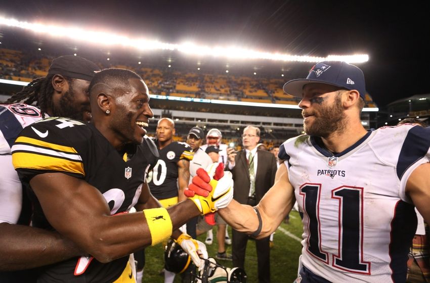 Oct 23 2016 Pittsburgh PA USA Pittsburgh Steelers wide receiver Antonio Brown and New England Patriots wide receiver Julian Edelman shake hands after their game at Heinz Field. New England won 27-16. Mandatory Credit Charles LeClaire-USA T