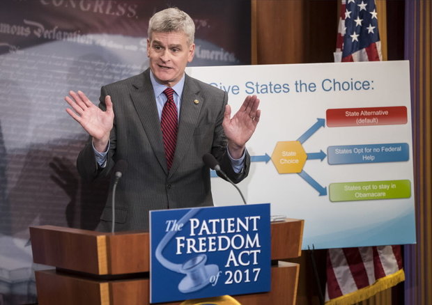 Sen. Bill Cassidy R-La. speaks during a news conference on Capitol Hill in Washington Monday Jan. 23 2017 to announce the Patient Freedom Act of 2017 a possible GOP replacement bill for the Affordable Care Act. President Donald Trump's congressional