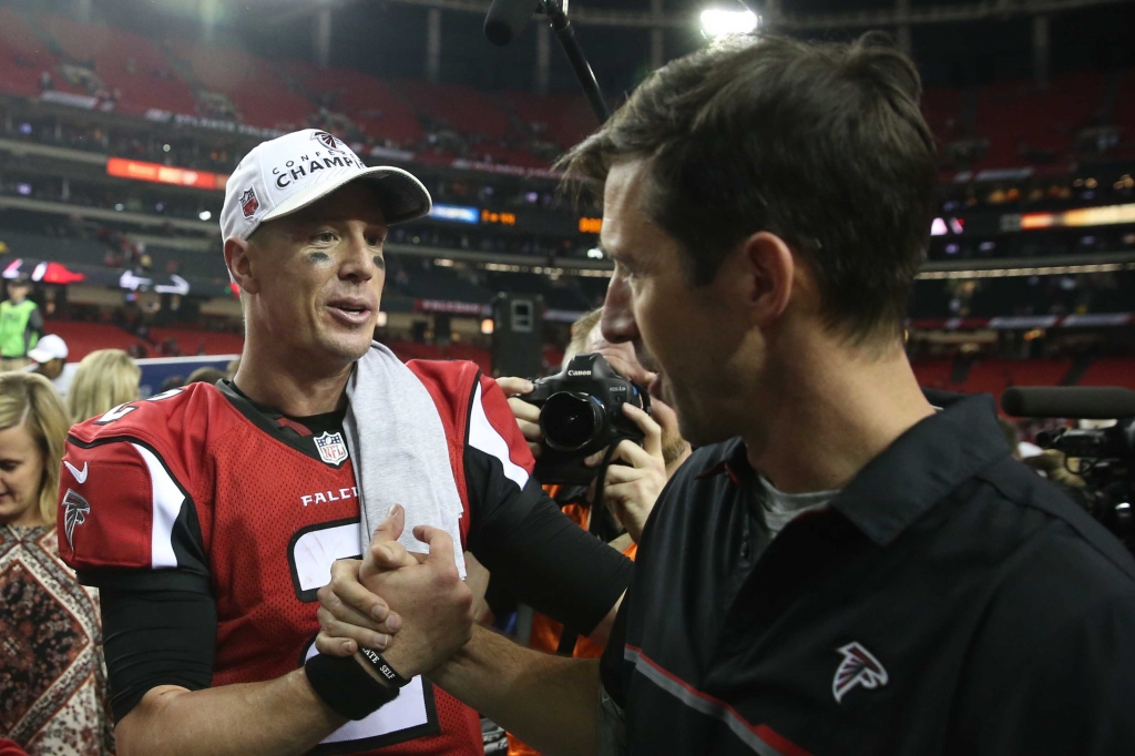 Jan 22 2017 Atlanta GA USA Atlanta Falcons quarterback Matt Ryan speaks with offensive coordinator Kyle Shanahan after the game against the Green Bay Packers in the 2017 NFC Championship Game at the Georgia Dome. Atlanta defeated Green Bay 44-21