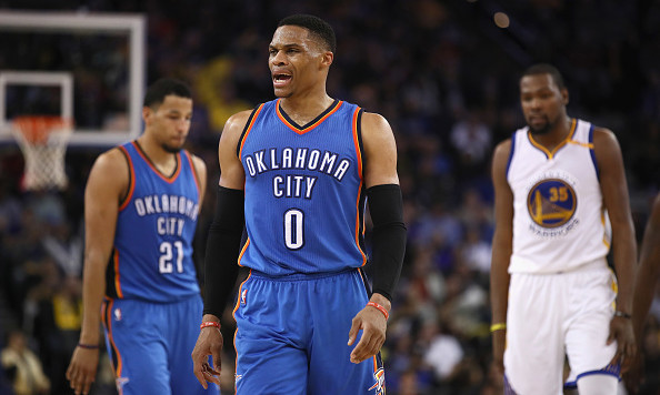 OAKLAND CA- JANUARY 18 Russell Westbrook #0 of the Oklahoma City Thunder complains about a call during their game against the Golden State Warriors at ORACLE Arena