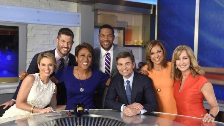 The Good Morning America team from left Amy Robach Jesse Palmer Robin Roberts Michael Strahan George Stephanopoulos Ginger Zee Lara Spencer