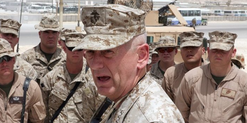 Then Lt. Gen. James Mattis the commander of U.S. Marine Corps Forces Central Command speaks to Marines with Marine Wing Support Group 27