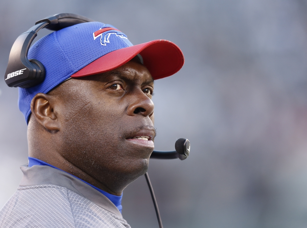 EAST RUTHERFORD NJ- JANUARY 01 Head coach Anthony Lynn of the Buffalo Bills stands on the sidelines against the New York Jets at Met Life Stadium