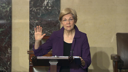 In this image from Senate Television Sen. Elizabeth Warren D-Mass. speaks on the floor of the U.S. Senate in Washington Feb. 6 2017 about the nomination of Betsy De Vos to be Education Secretary. The Senate will be in session