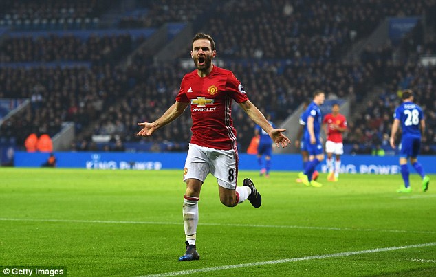 Juan Mata celebrates after scoring Manchester United's third goal at the King Power Stadium