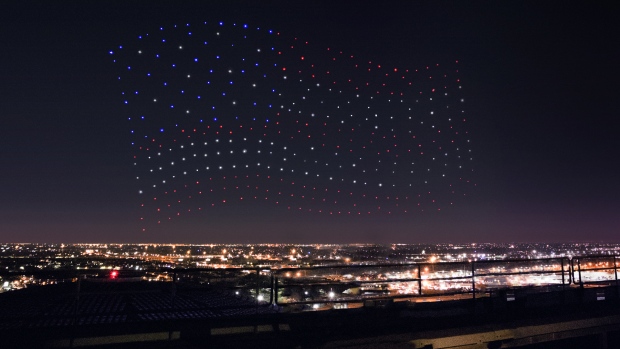 An Intel Shooting Star drones fleet lights up the sky in an American Flag formation during the Pepsi Zero Sugar Super Bowl LI Halftime Show on Sunday Feb. 5 2017