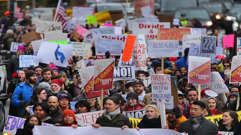 Protestors express solidarity with Trump’s ban victims