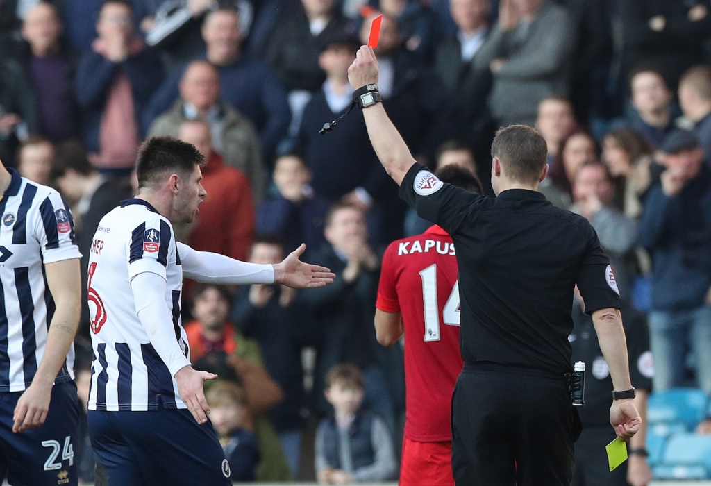 Millwall's Jake Cooper is sent off during the Emirates FA Cup Fifth Round match at The Den Millwall. PRESS ASSOCIATION