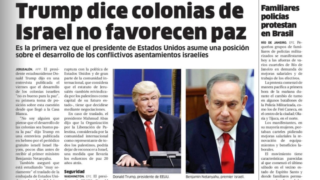 This screen grab of the Friday Feb. 10 2017 version of Dominican Republics El Nacional print edition shows comedian Alec Baldwin doing his impression of President Donald Trump