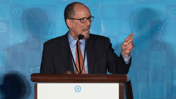 Former labour secretary Tom Perez speaks during the general session of the DNC winter meeting in Atlanta on Saturday. Perez was elected the new DNC chairman later that day