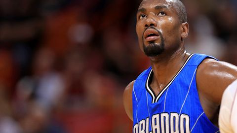 MIAMI FL- FEBRUARY 13 Serge Ibaka #7 of the Orlando Magic looks on during a game against the Miami Heat at American Airlines Arena