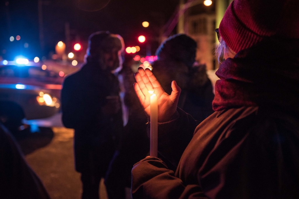 People come to show their support after a shooting occurred in a mosque at the Québec City Islamic cultural center on Sainte Foy Street in Quebec city