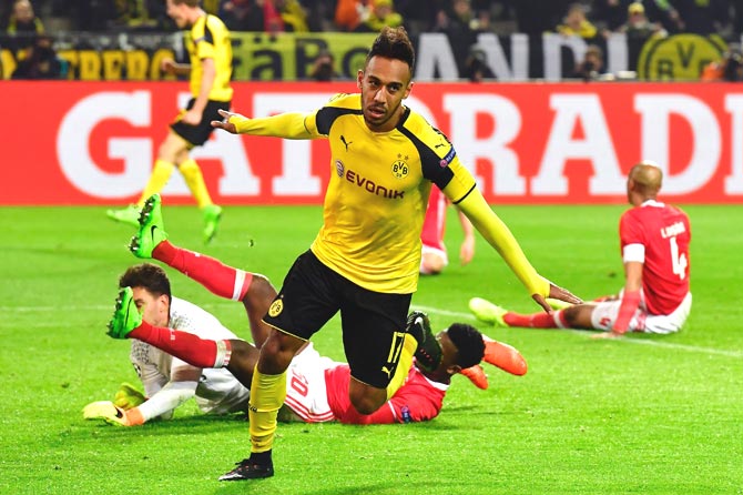 Dortmund's Gabonese forward Pierre Emerick Aubameyang celebrate scoring a hattrick. Pic  PTI