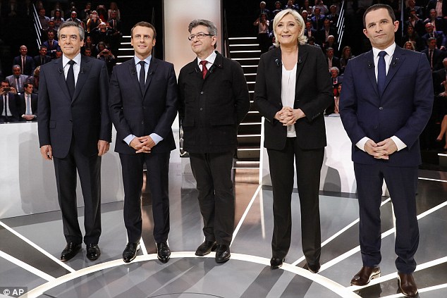 Francois Fillon Emanuel Macron Jean Luc Melenchon Marine Le Pen and Benoit Hamon before the debate