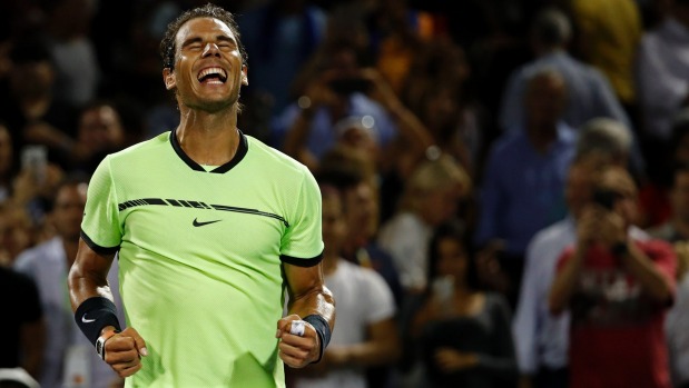 Rafael Nadal of Spain celebrates after beating Jack Sock 6-2 6-3