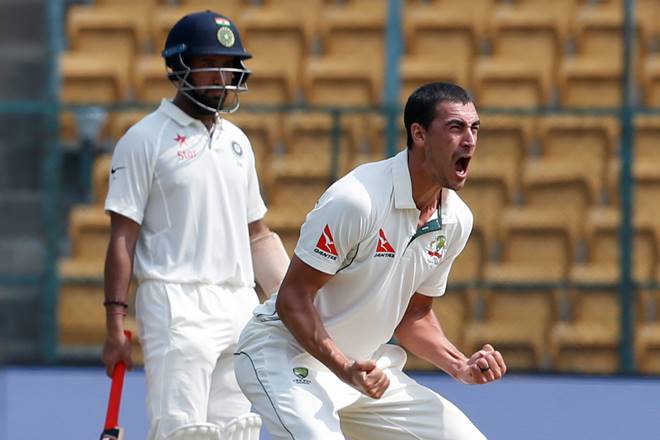 India vs Australia Mitchell Starc celebrating the wicket of Cheteshwar Pujara on Day 4