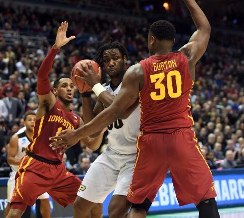 James Lang-USA TODAY Sports
Purdue forward Caleb Swanigan pivots against Iowa State defenders Deonte Burton and Monte Morris on Saturday night