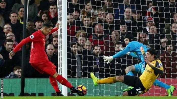 Roberto Firmino has now scored three goals in four Premier League games against Arsenal.-BBC