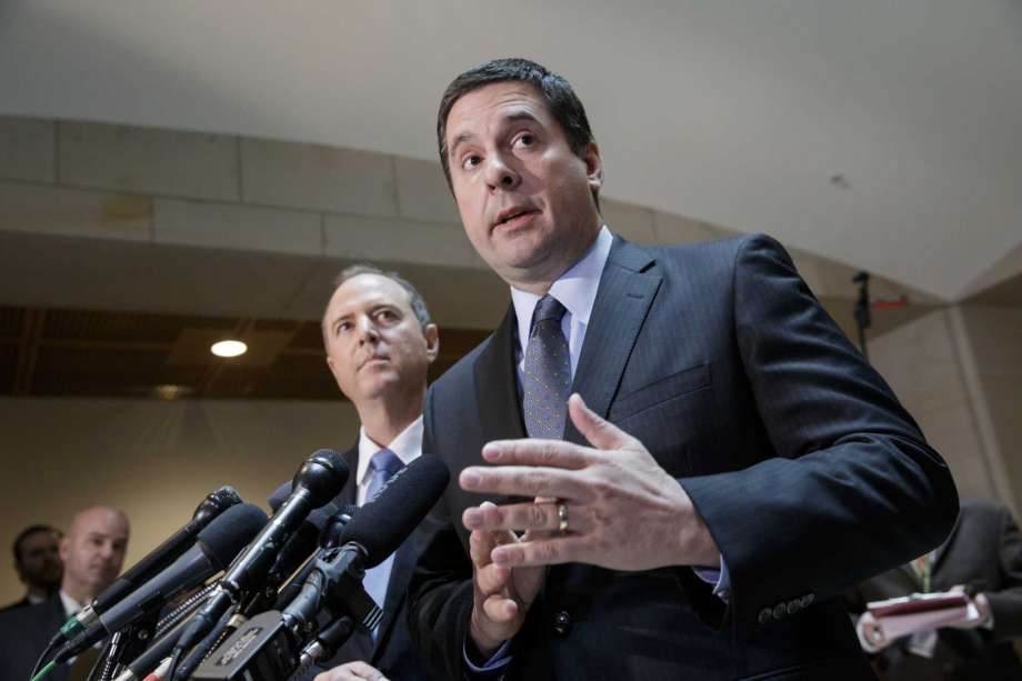 House Intelligence Committee Chairman Rep. Devin Nunes R-Calif. right accompanied by the committee's ranking member Rep. Adam Schiff D-Calif. talks to reporters on Capitol Hill in Washington Wednesday March 15 2017 about their investigation