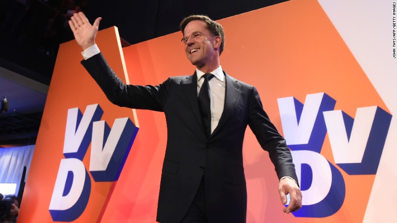 Netherlands&#39 prime minister and VVD party leader Mark Rutte celebrates after winning the general elections in The Hague