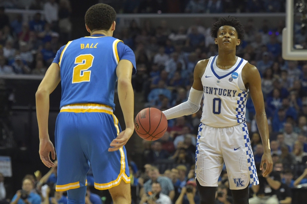 Mar 24 2017 Memphis TN USA Kentucky Wildcats guard De'Aaron Fox looks to pass the ball against UCLA Bruins guard Lonzo Ball in the second half during the semifinals of the South Regional of the 2017 NCAA Tournament at FedExForum. Mandatory Cr