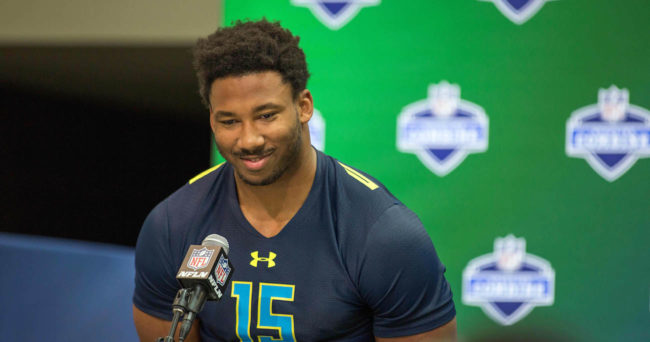 Mar 4 2017 Indianapolis IN USA Texas A&M defensive end Myles Garrett speaks to the media during the 2017 combine at Indiana Convention Center. Mandatory Credit Trevor Ruszkowski-USA TODAY Sports