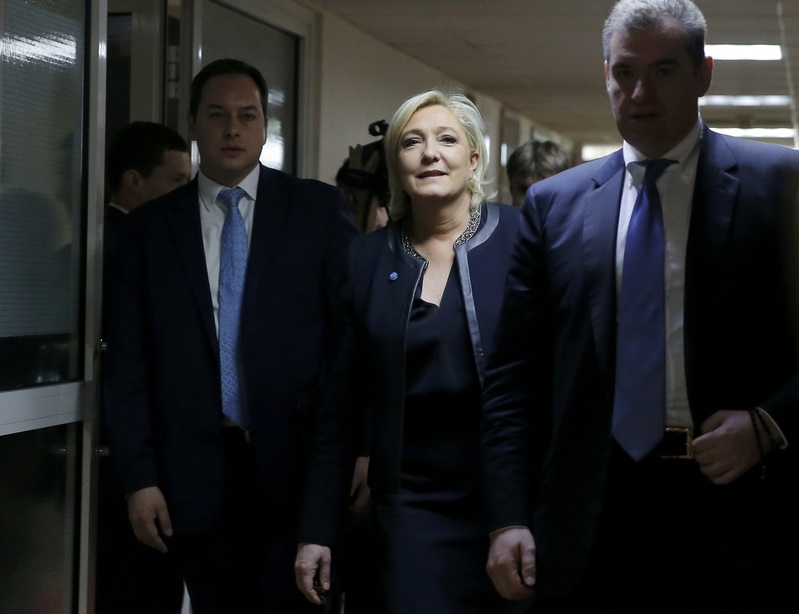 Marine Le Pen French National Front political party leader and candidate for French 2017 presidential election arrives for meeting with members of Russian lower house of parliament's international affairs committee in Moscow