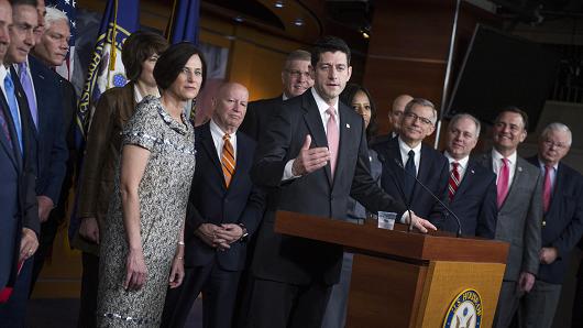 Speaker Paul Ryan R-Wis. conducts a news conference with members the GOP caucus in the Capitol Visitor Center to announce a new amendment to the health care bill to repeal and replace the ACA