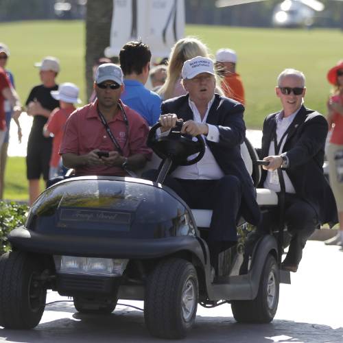 Donald Trump drives himself around the golf course to watch the final round of the Cadillac Championship golf tournament in Doral Fla. Leave your ego in the clubhouse if you ever get the chance to golf with