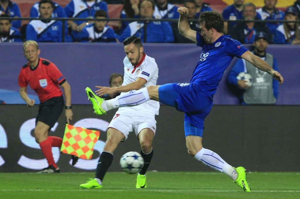 'We’re just looking forward to the game and trying to give everything' says Leicester's Christian Fuchs right of his team's quarterfinal Champions League match Tuesday