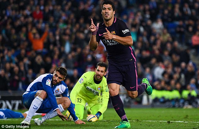 Luis Suarez scored twice in the second-half in Barcelona's 3-0 win over Espanyol on Saturday