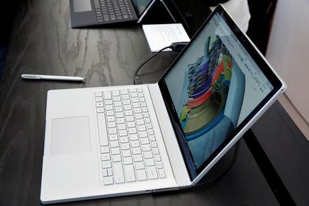 A Microsoft Surface Book i7 laptop rests on a tabletop at an event in the Manhattan borough of New York City