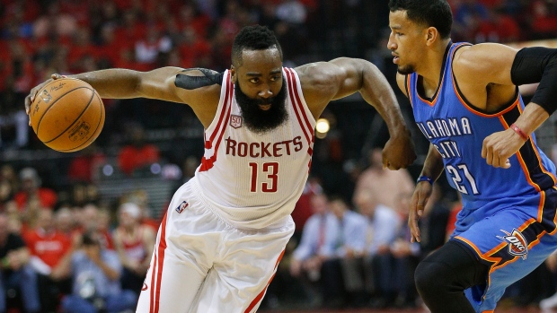 Houston's James Harden drives past Oklahoma City's Andre Roberson in the Rockets&#39 105-99 win eliminating the Thunder in five games