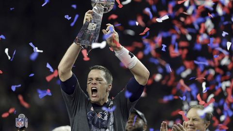 New England Patriots&#039 Tom Brady raises the Vince Lombardi Trophy after defeating the Atlanta Falcons in overtime at the NFL Super Bowl 51 football game in Houston. Brady will not join his New England Patriots