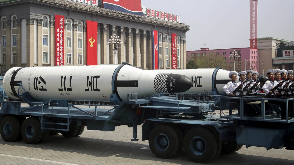 A submarine missile is paraded across Kim Il Sung Square during a military parade in Pyongyang North Korea to celebrate the 105th birth anniversary of Kim Il Sung the country's late founder and grandfather of current ruler Kim Jong Un